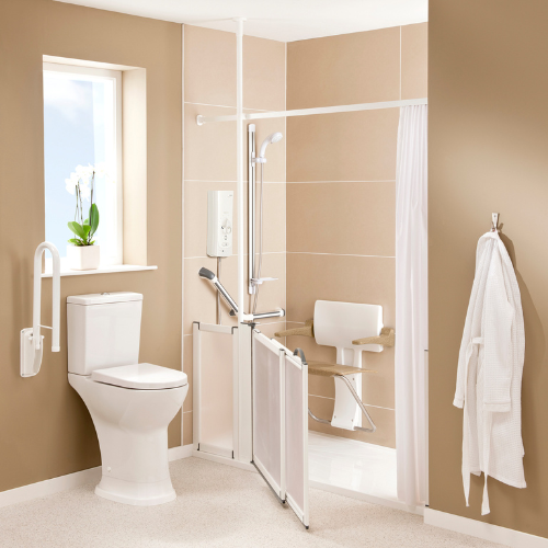 A luxury wet room with a shower and toilet. The shower features a showerhead and a seat for wheelchair users.