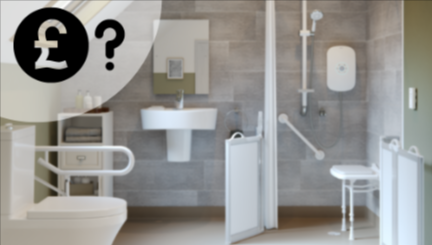Modern disabled wet room interior with shower, drain, and question mark with pound sign, symbolizing cost inquiry.