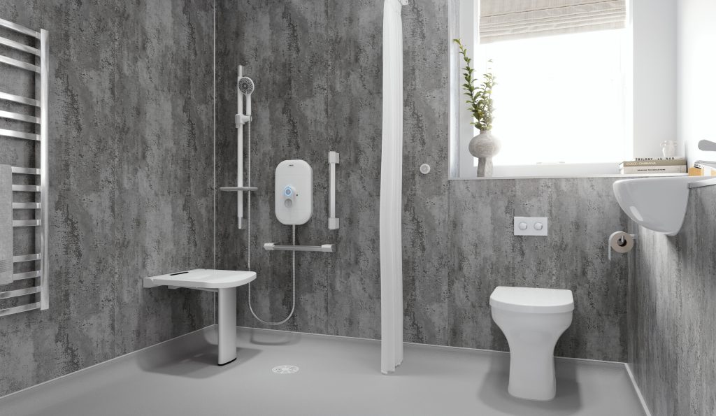 wet room with shower seat, grab rails and comfort height wc