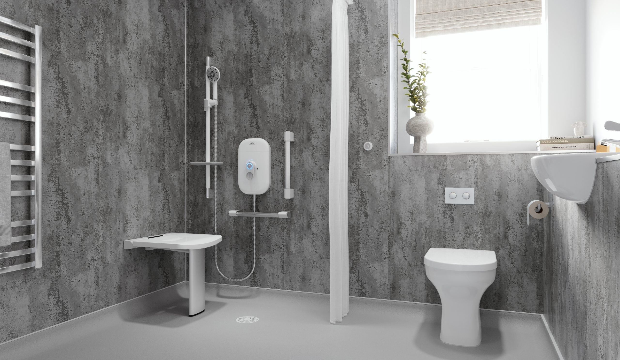 wet room with shower seat, grab rails and comfort height wc